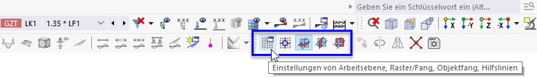 Schaltflächen für Einstellungen der Arbeitsebene