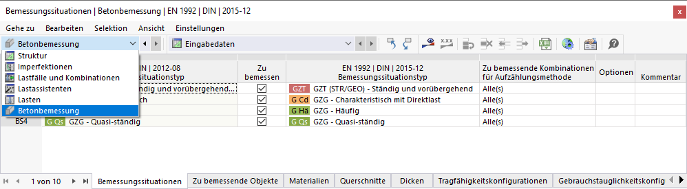 Kategorie 'Betonbemessung' in Tabelle