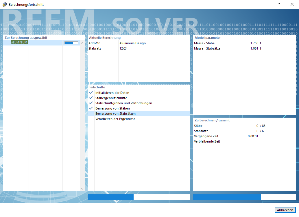 Berechnungsfortschritt der Aluminiumbemessung