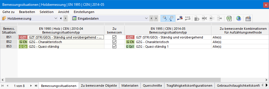 Eingabetabelle für Bemessungssituationen in der Holzbemessung