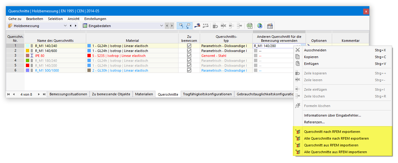 Konextmenü bei Verwendung eines anderen Querschnitts