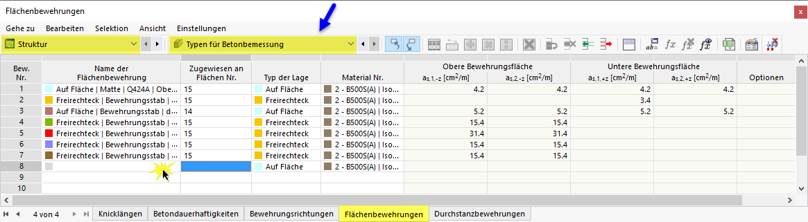 Flächenbewehrung über Tabelle definieren