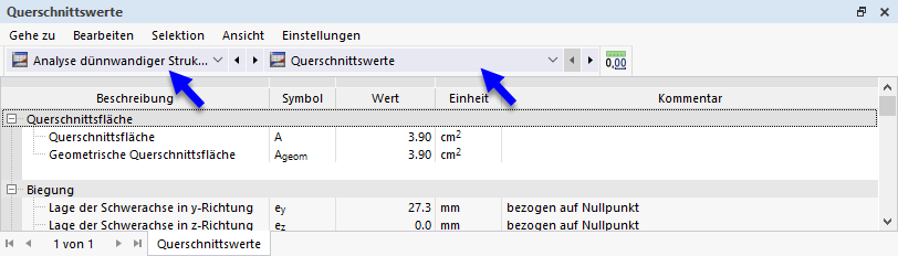 Tabellen für Kategorie 'Analyse dünnwandiger Strukturen' und Unterkategorie 'Querschnittswerte'