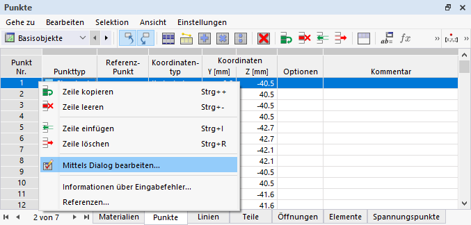 Kontextmenü in Tabelle