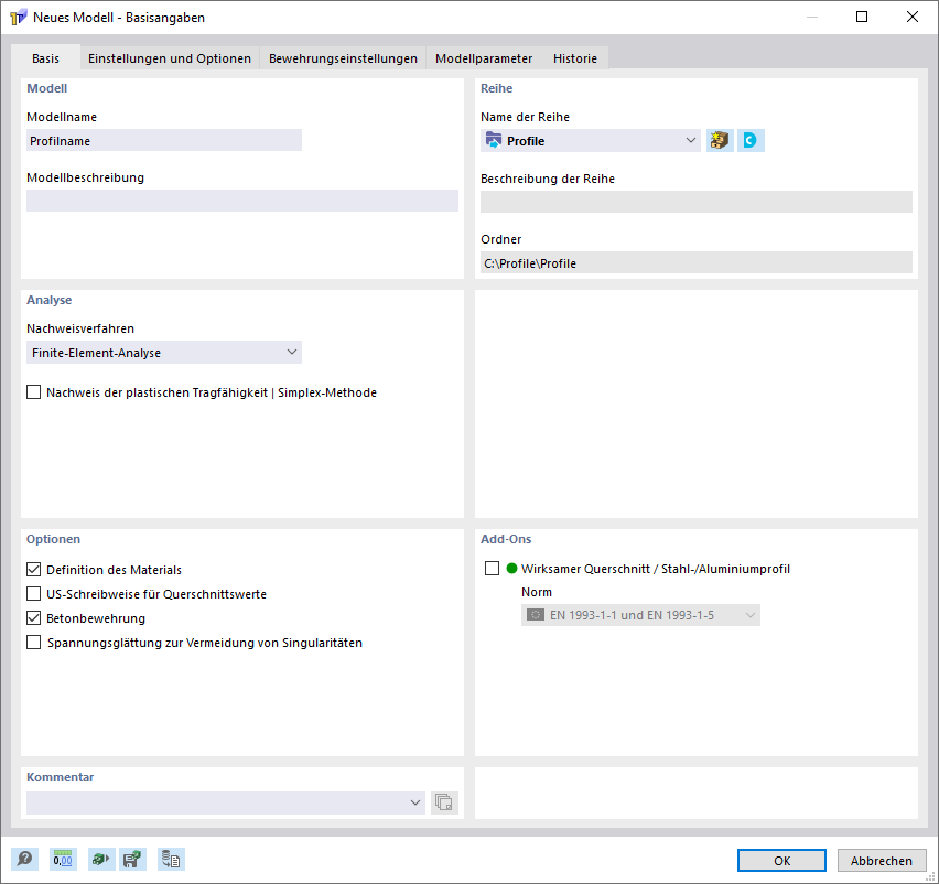 Dialog 'Neues Modell - Basisangaben', Register 'Basis'