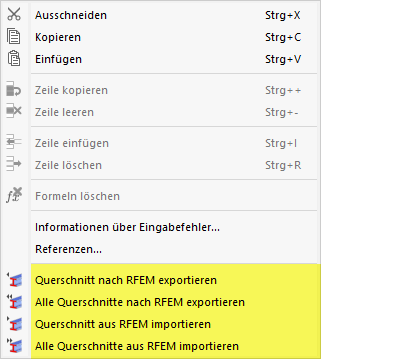 Kontextmenü zum Exportieren oder Importieren von Querschnitten