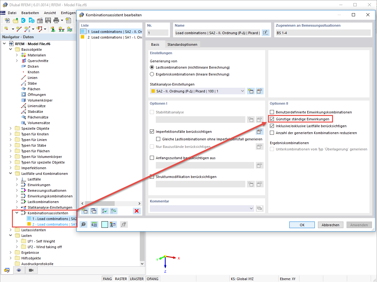 FAQ 005198 | Wo kann man in RFEM 6 und RSTAB 9 die Option "Günstige ständige Einwirkungen" aktivieren, sodass das Eigengewicht im Grenzzustand der Tragfähigkeit