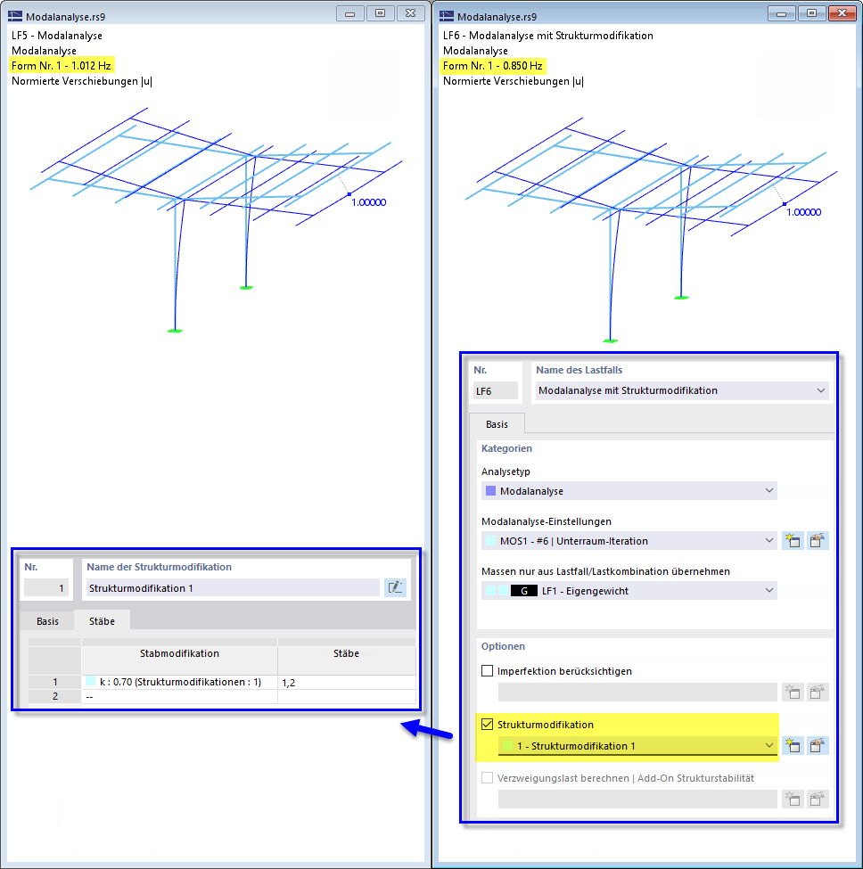 Modalanalyse ohne Strukturmodifikation (links) und mit reduzierten Stützensteifigkeiten (rechts)