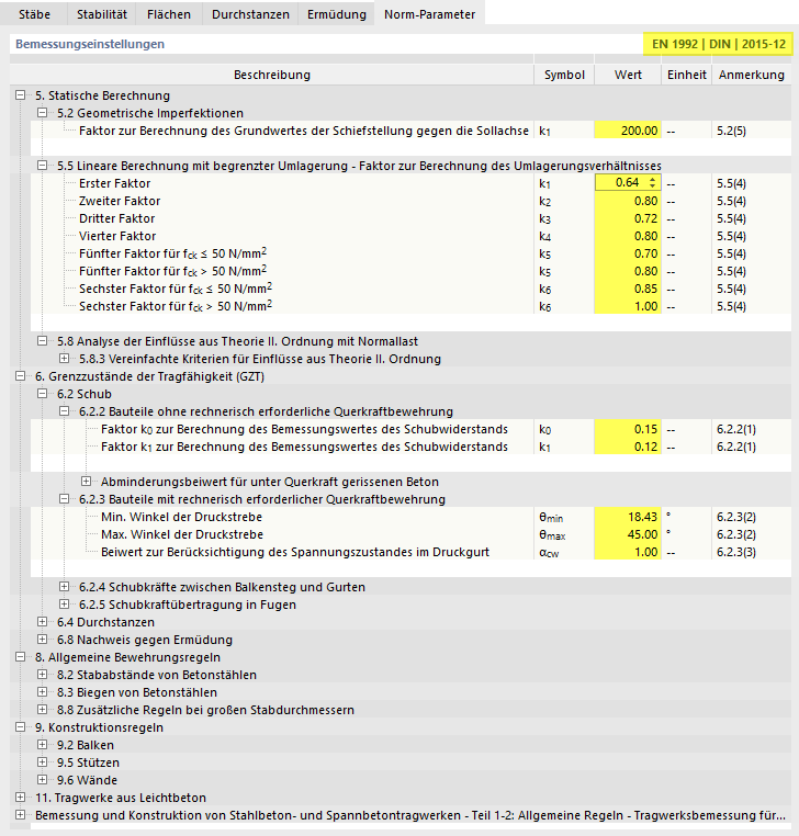 Tragfähigkeitskonfiguration bearbeiten – Norm-Parameter