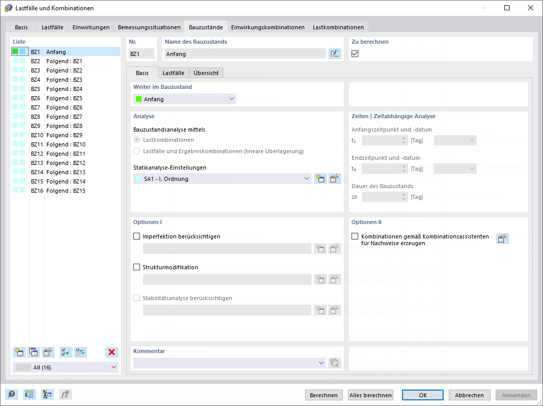 Dialog 'Lastfälle und Kombinationen', Register 'Bauzustände'