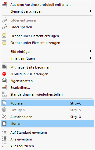 Kontextmenü-Optionen zum Kopieren oder Klonen