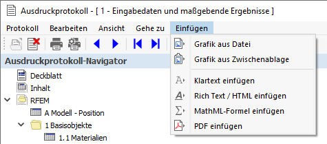Ausdruckprotokoll-Menü 'Einfügen'