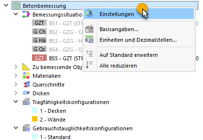 Kontextmenü "Betonbemessung"