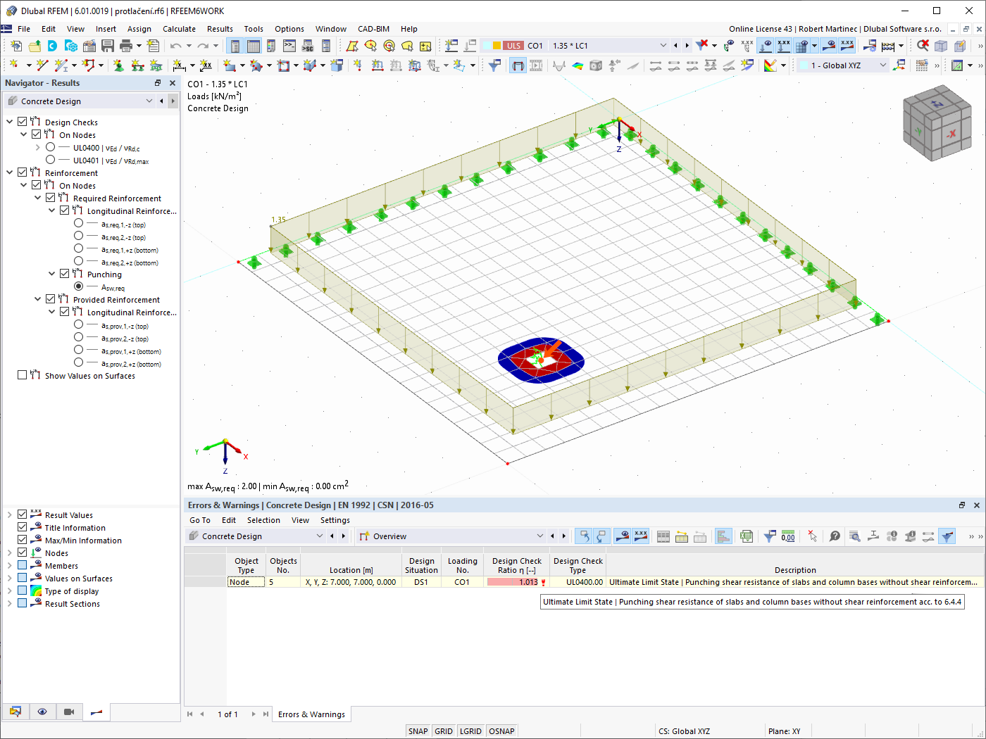 FAQ 005215 | In RFEM 6 erscheint die Meldung, dass der Durchstanzwiderstand der Platte ohne Querkraftbewehrung nicht erfüllt ist. Kann die Statiksoftware eine solche Bewehrung bemessen?