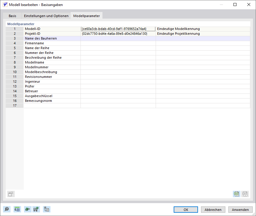 Dialog 'Neues Modell - Basisangaben', Register 'Modellparameter'