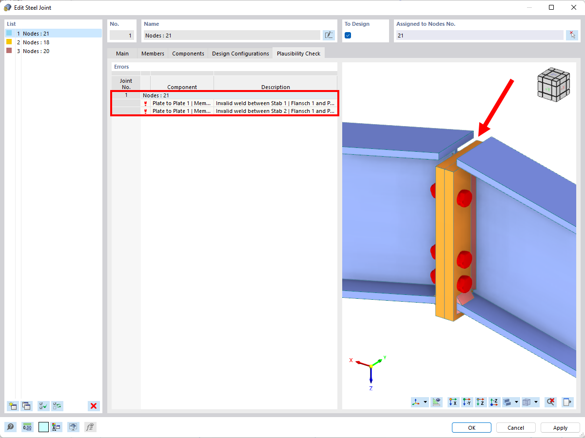 Fehlermeldung bei der Verbindungskontrolle | Stahlanschlüsse für RFEM 6