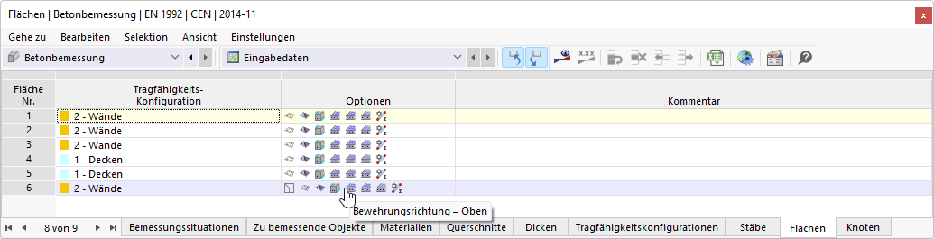 Tabelle "Flächen" mit Symbolen für Bemessungsoptionen