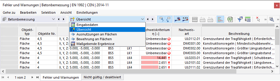 Liste der Kategorien für Bemessungsergebnisse