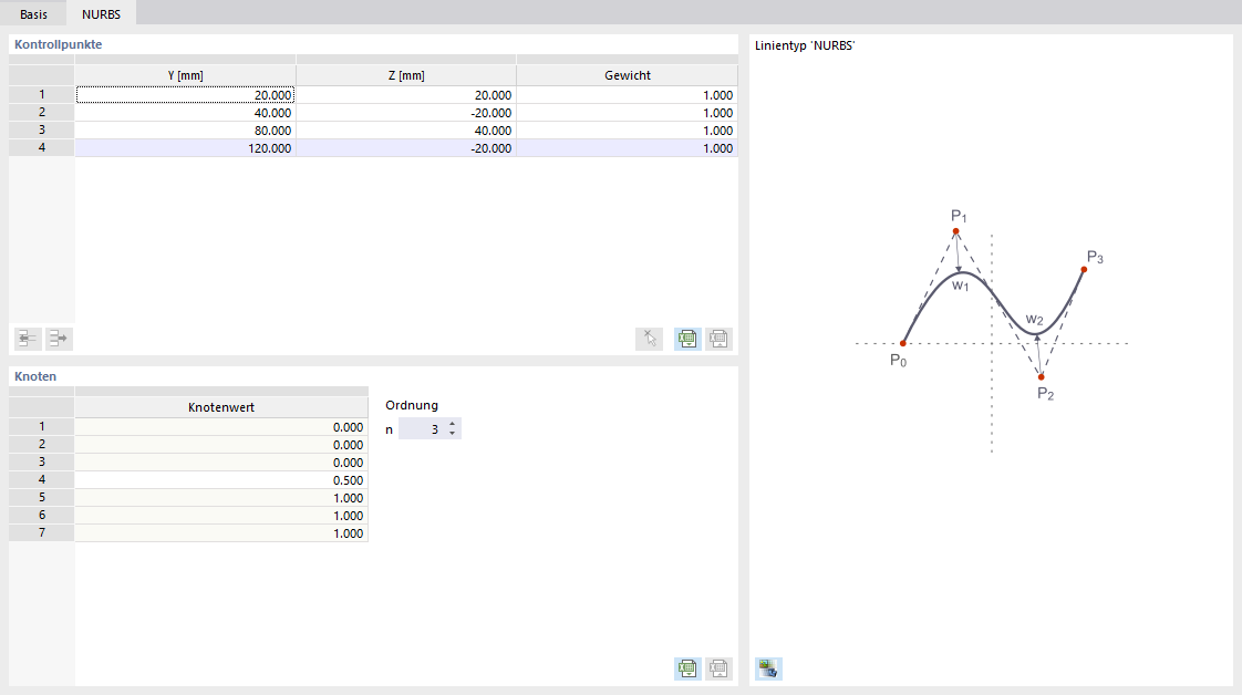 Dialog 'Neue Linie', Register 'NURBS'