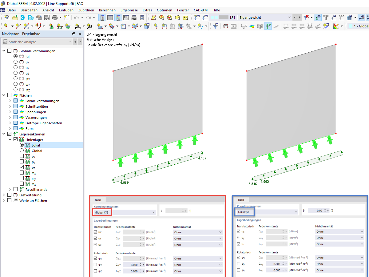 FAQ 005221 | Ich bekomme in RFEM 6 keine lokalen Lagerreaktionen an Linienlagern ausgegeben. Wie muss ich vorgehen, um diese zu erhalten?