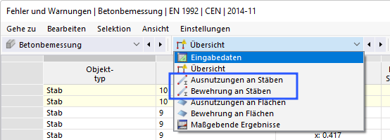 Kategorien für Stabergebnisse