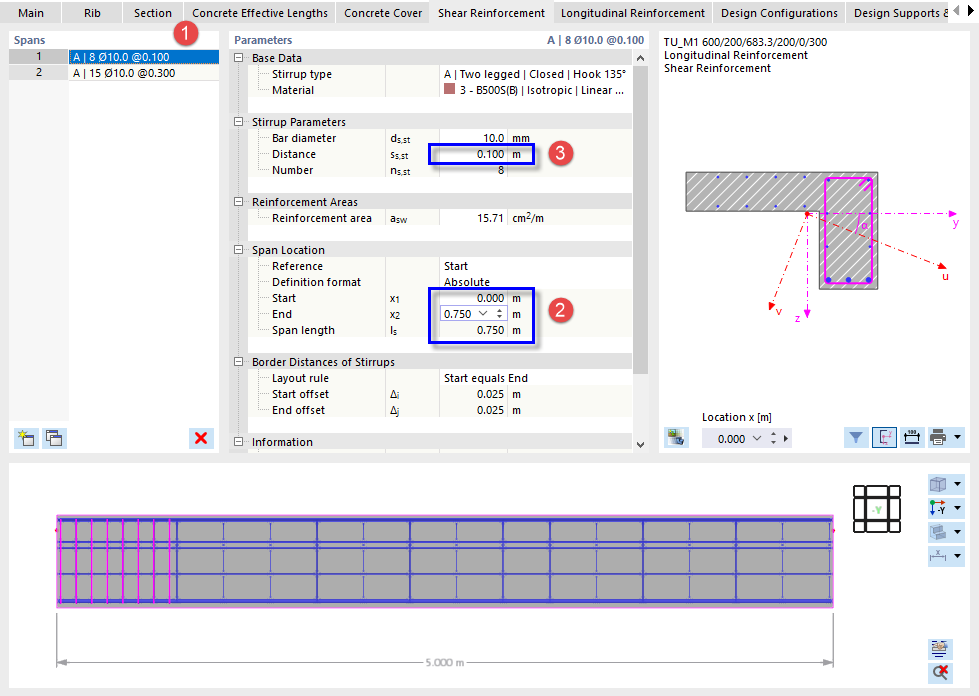 Festlegung der Scherbewehrungsspannweite und Stäbe