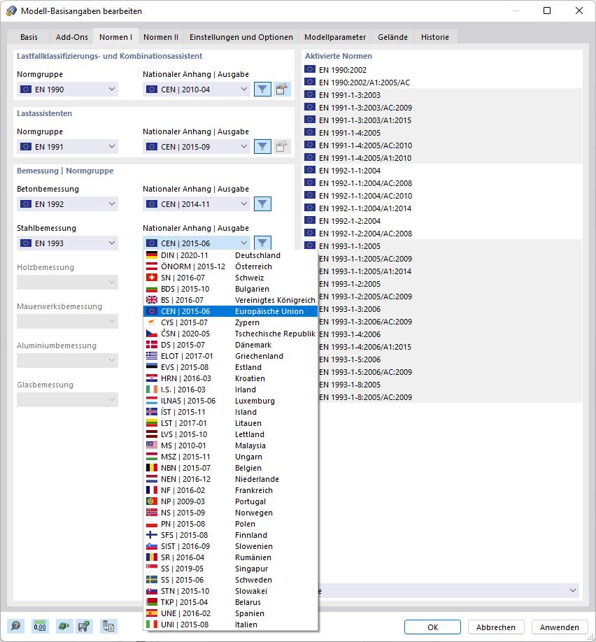 Norm und Nationalen Anhang für die Stahlbemessung auswählen