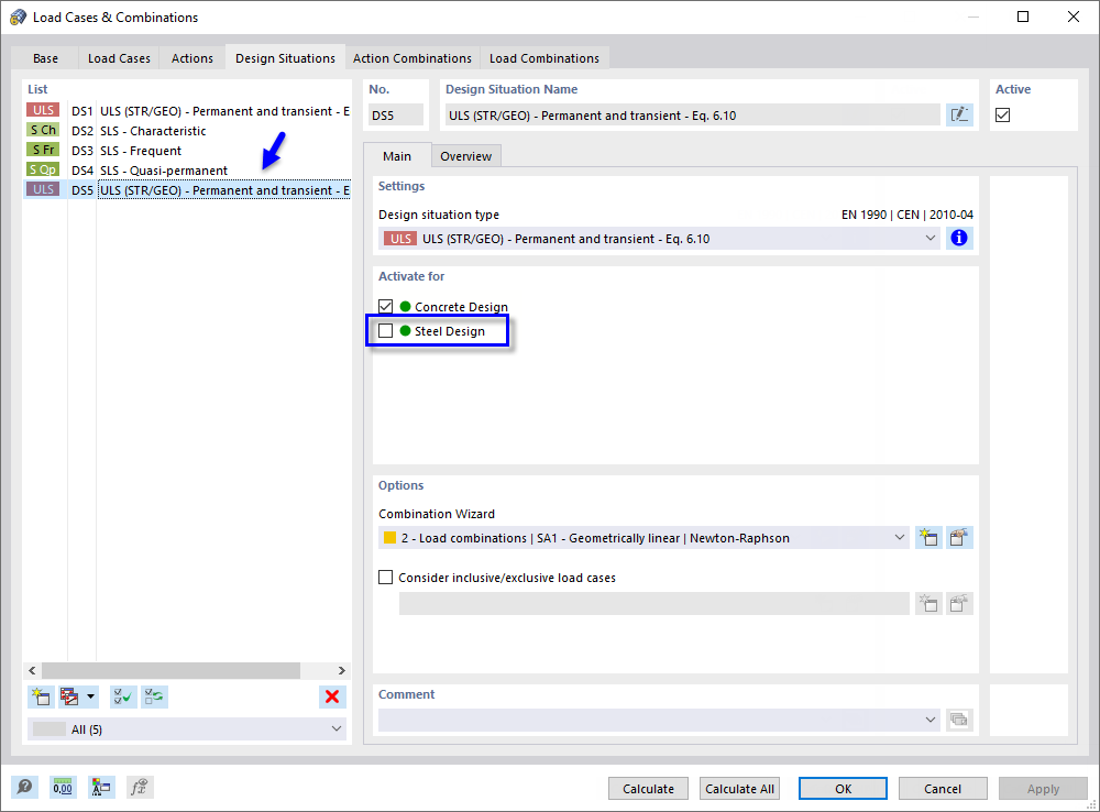 Stahlbemessung für die Bemessungssituation "DS5" deaktivieren