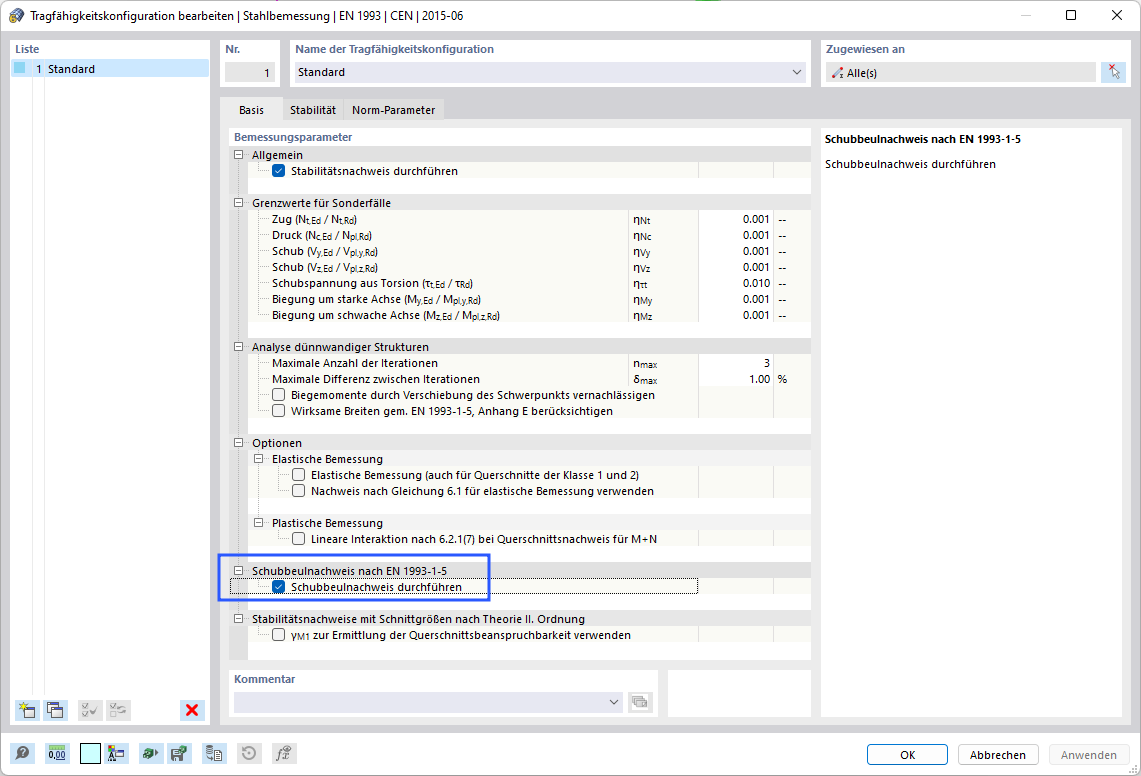 "Basis"-Einstellungen der Tragfähigkeitskonfiguration für Stahlbemessung