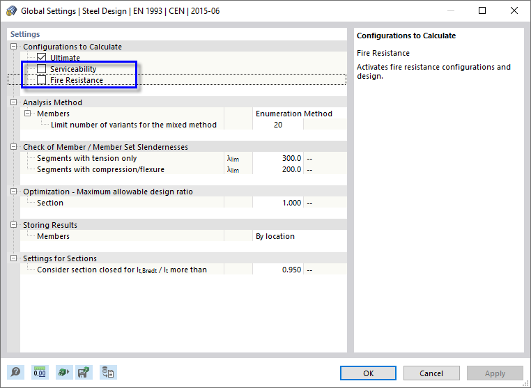 Bemessung von "Gebrauchstauglichkeit" und "Feuerwiderstand" deaktivieren