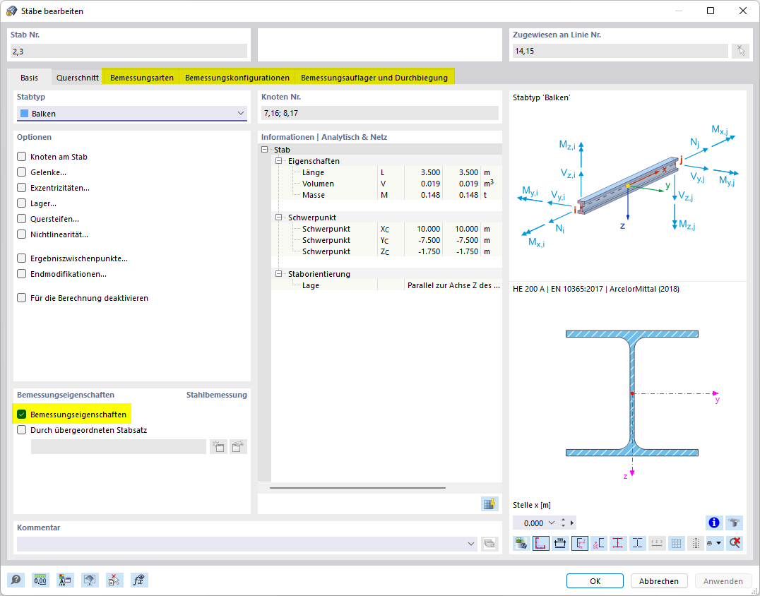 Bemessungseigenschaften für Stützen aktiviert