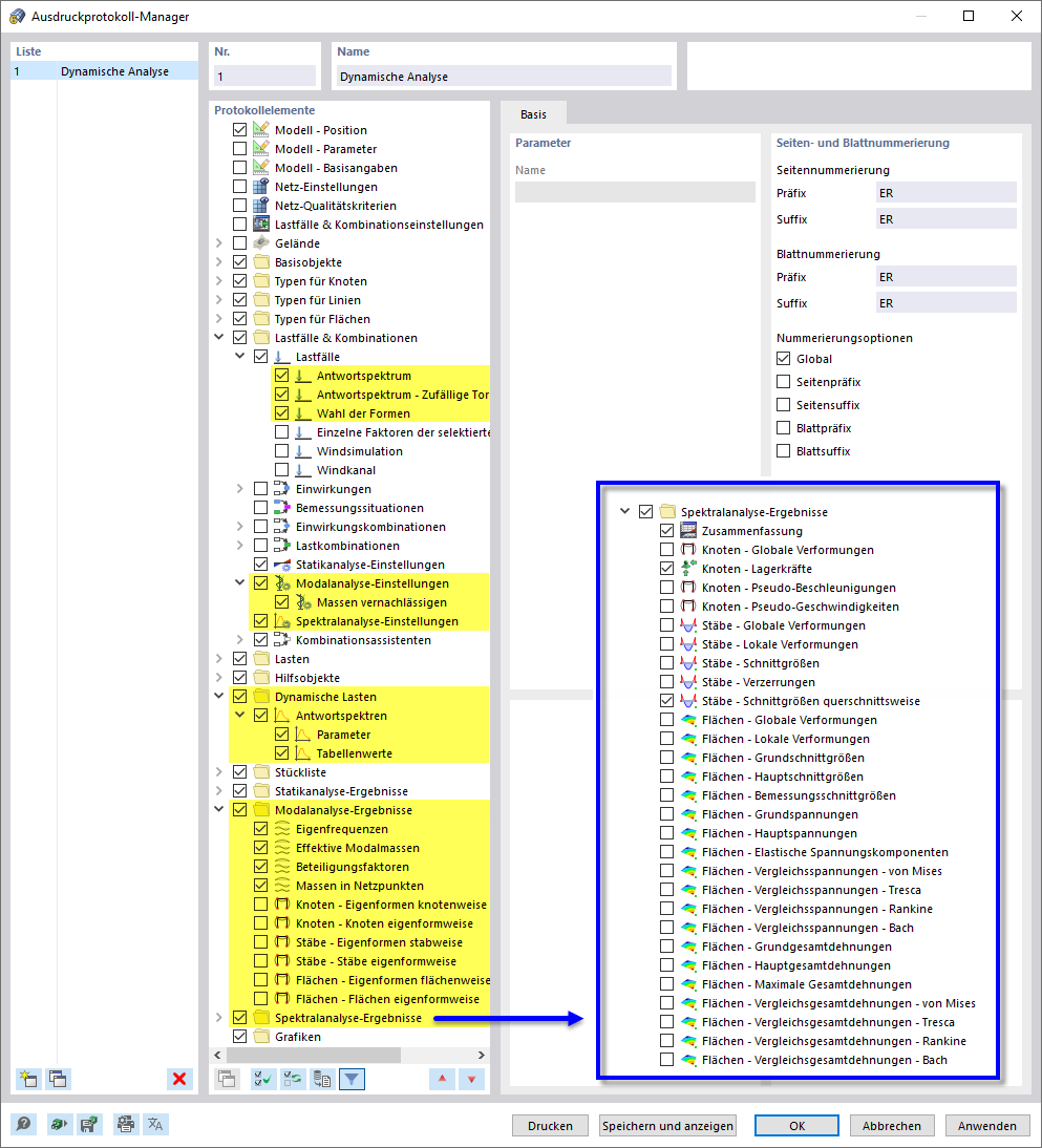 Daten der dynamischen Analyse im Ausdruckprotokoll-Manager auswählen