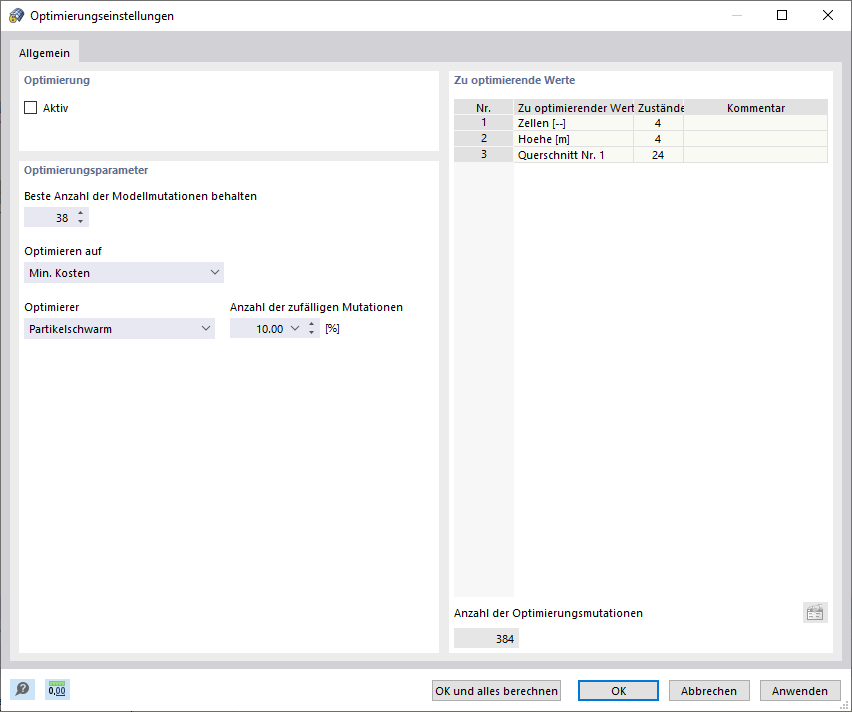 Dialog 'Optimierungseinstellungen'