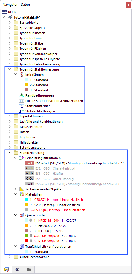 Navigator-Elemente für Stahlbemessung