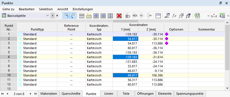 Tabelle 'Punkte' mit selektierten Zellen