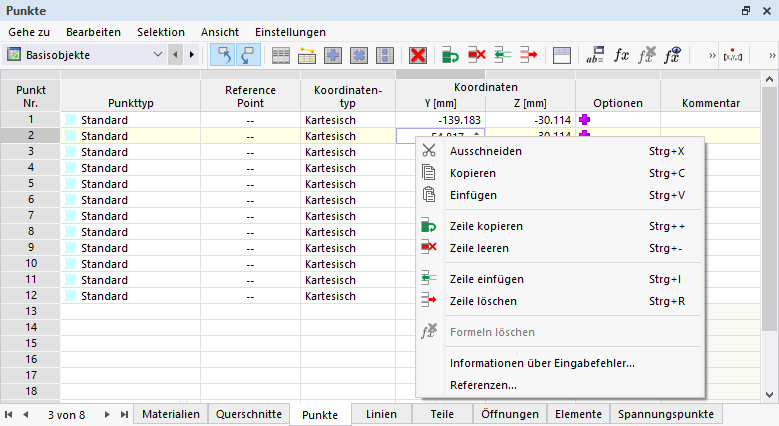 Funktionen im Tabellen-Kontextmenü