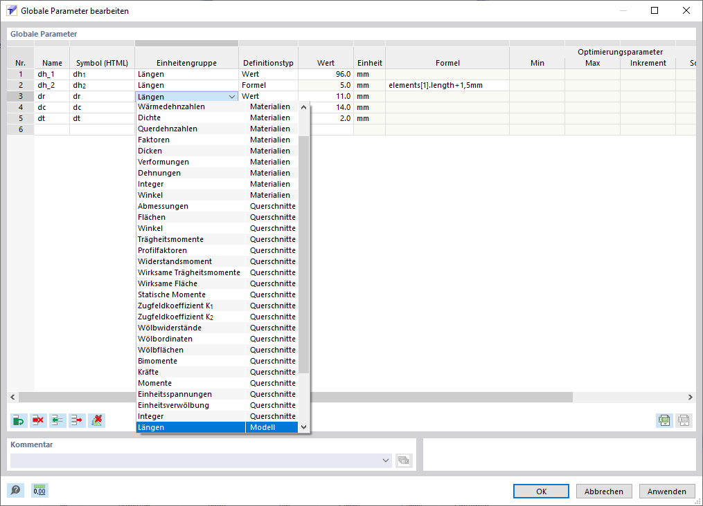 Dialog 'Globale Parameter bearbeiten'