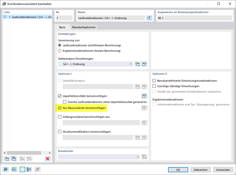 Nur Bauzustände im Kombinationsassistenten berücksichtigen