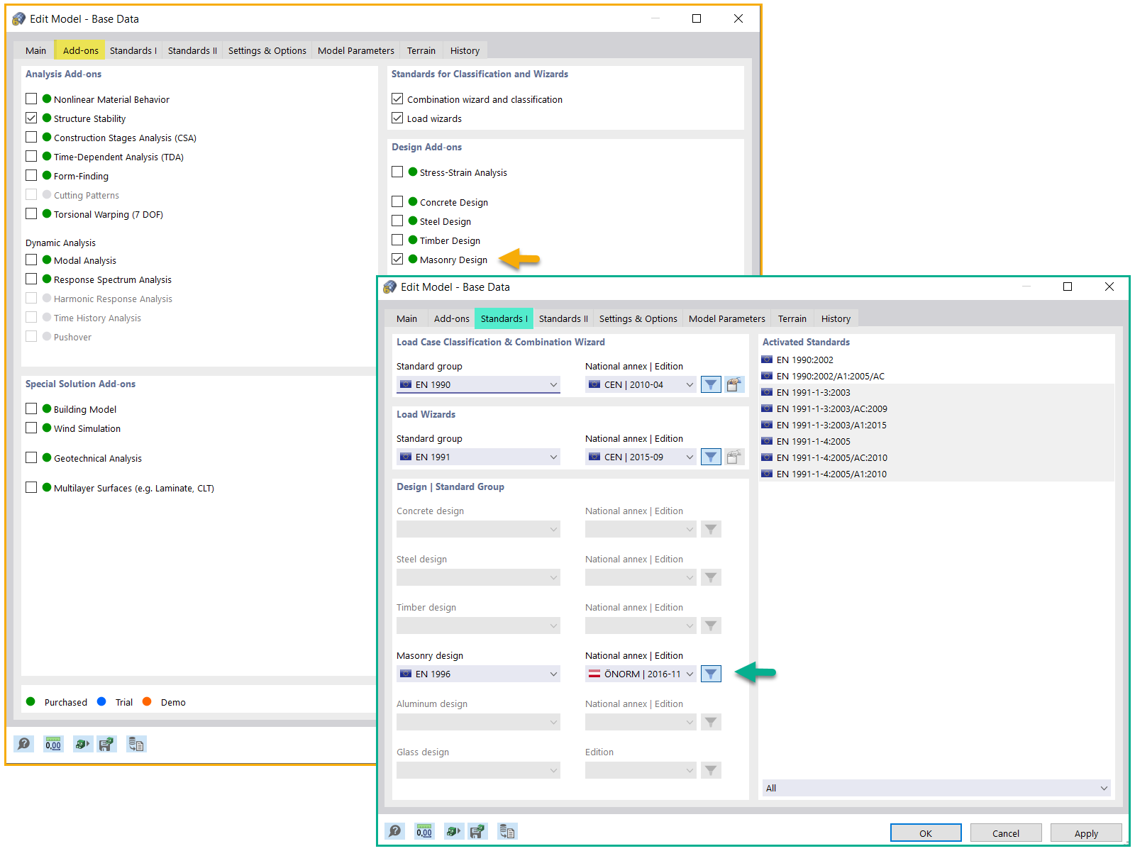 Aktivieren des Add-Ons Mauerwerksbemessung und Auswahl der Bemessungsnorm