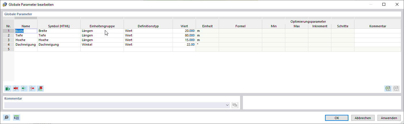 Globale Parameterliste