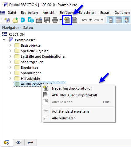 Schaltfläche 'Neues Ausdruckprotokoll' und Kontextmenü