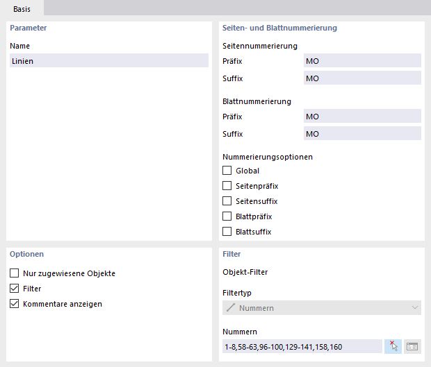 Register 'Basis' für Linien