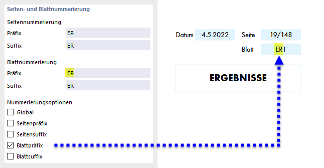 Blattnummerierung mit Präfix festlegen (links) mit Resultat (rechts)