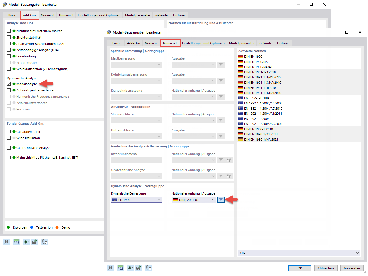 Aktivierung des Add-ons Modalanalyse und Auswahl der Bemessungsnorm