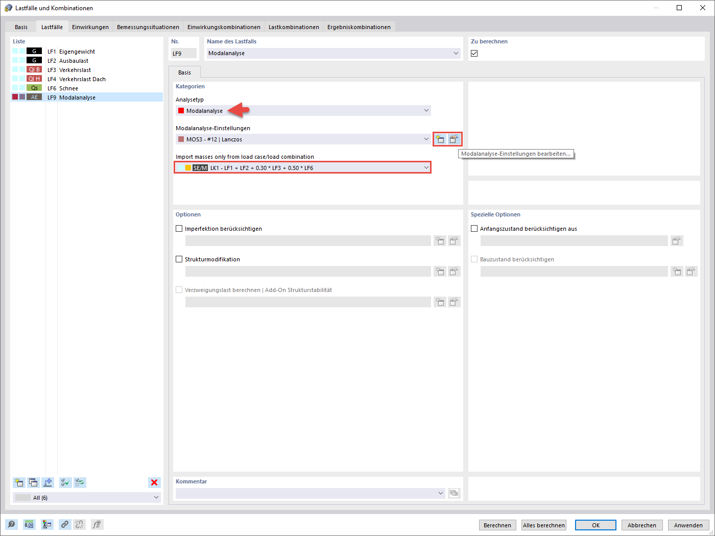 Lastfall vom Typ Modalanalyse