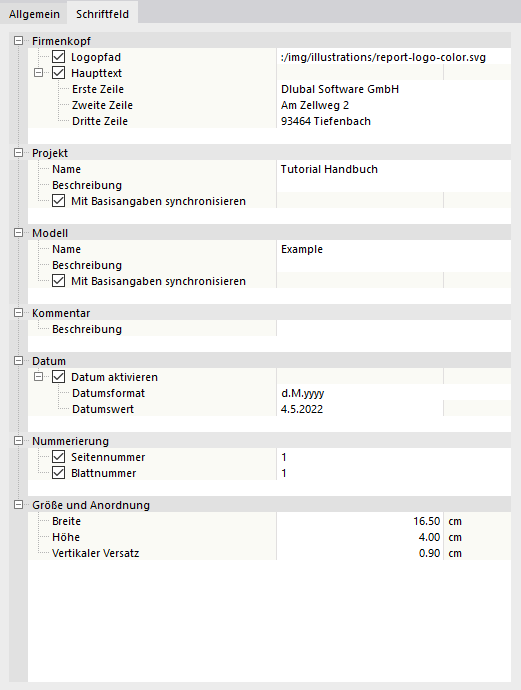 Angaben für Schriftfeld anpassen