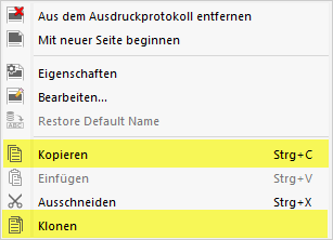 Kontextmenü-Optionen zum Kopieren oder Klonen