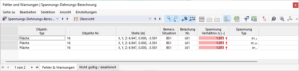 Tabelle 'Fehler und Warnungen' für Spannungs-Dehnungs-Berechnung