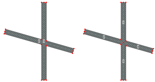 Links Original (kreuzende, unverbundene Elemente) und rechts Ergebnis (verbundene Elemente)