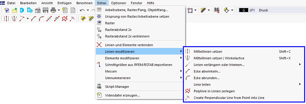 Modellierungstools für Linien im Menü 'Extras'